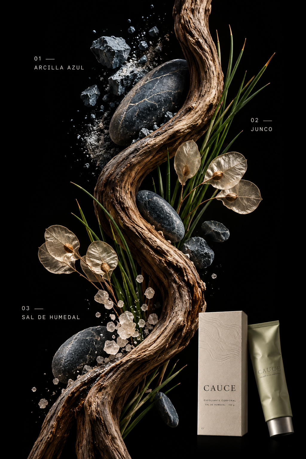 Ingredientes de CAUCE: arcilla azul, junco y sal de humedal