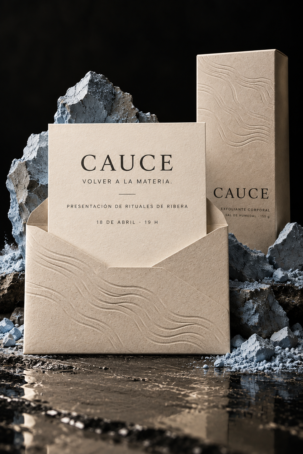 Invitación de lanzamiento CAUCE entre arcilla y packaging texturado