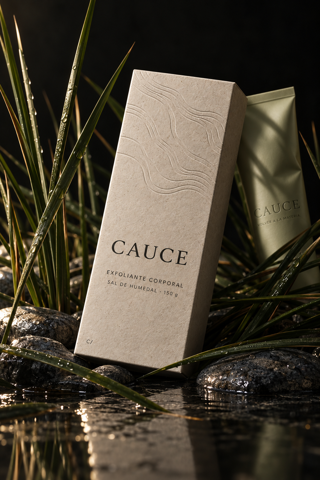 Packaging CAUCE inclinado entre juncos, piedras y agua