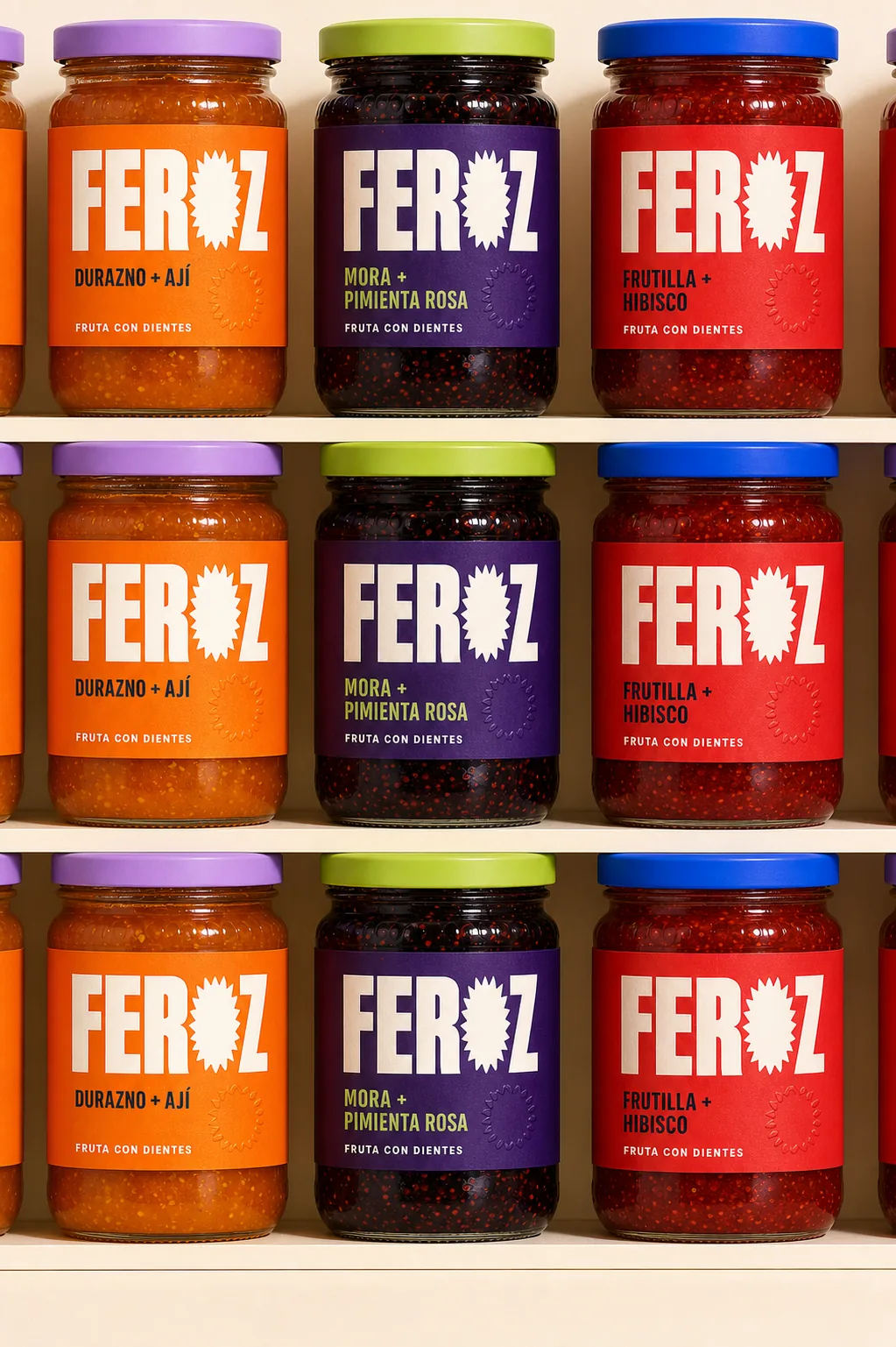 Grilla de campaña FEROZ con la línea completa de conservas repetida