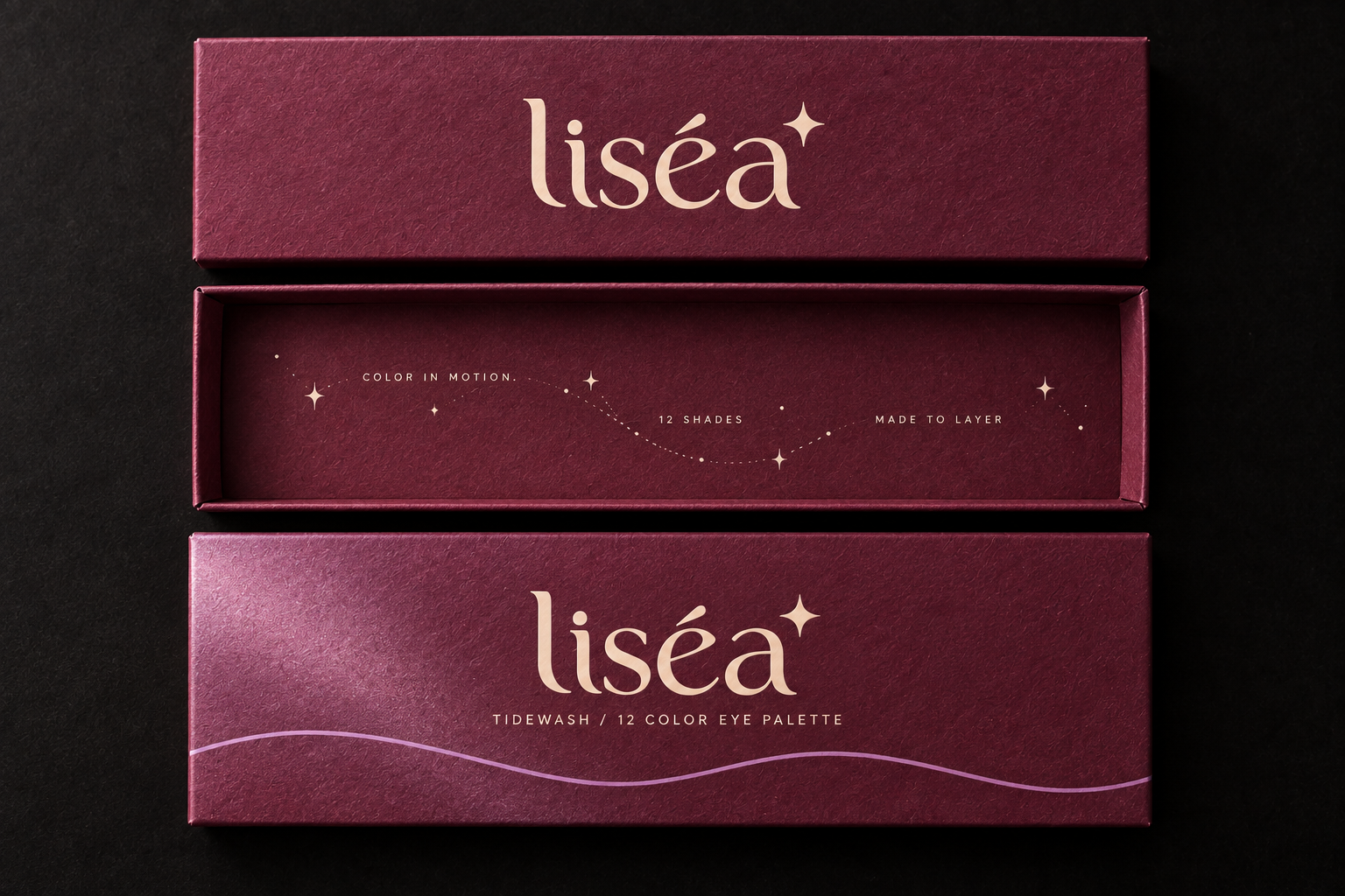 Composición cenital de cajas LISÉA sobre fondo negro texturado