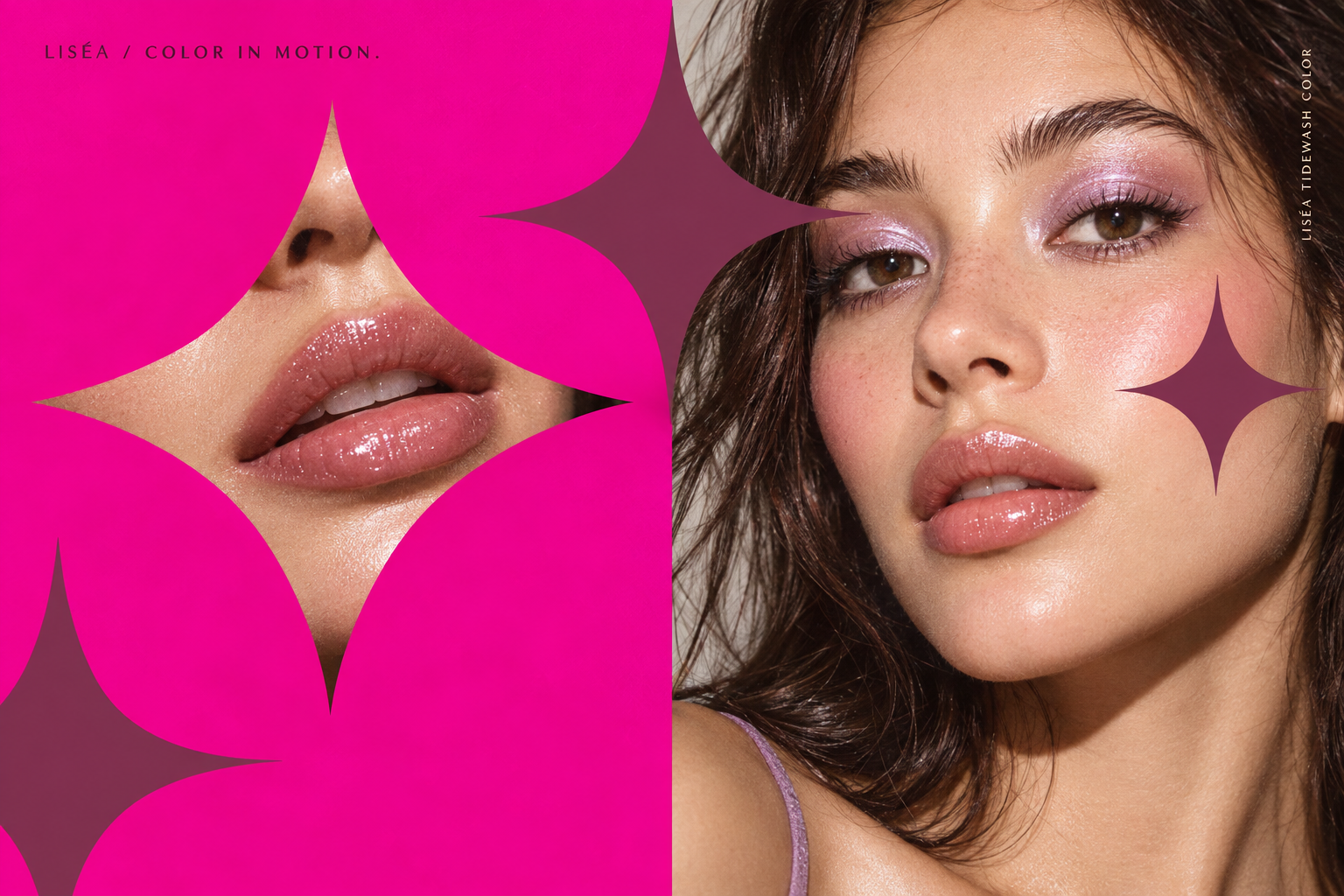 Campaña beauty de LISÉA con maquillaje luminoso en tonos rosa y malva