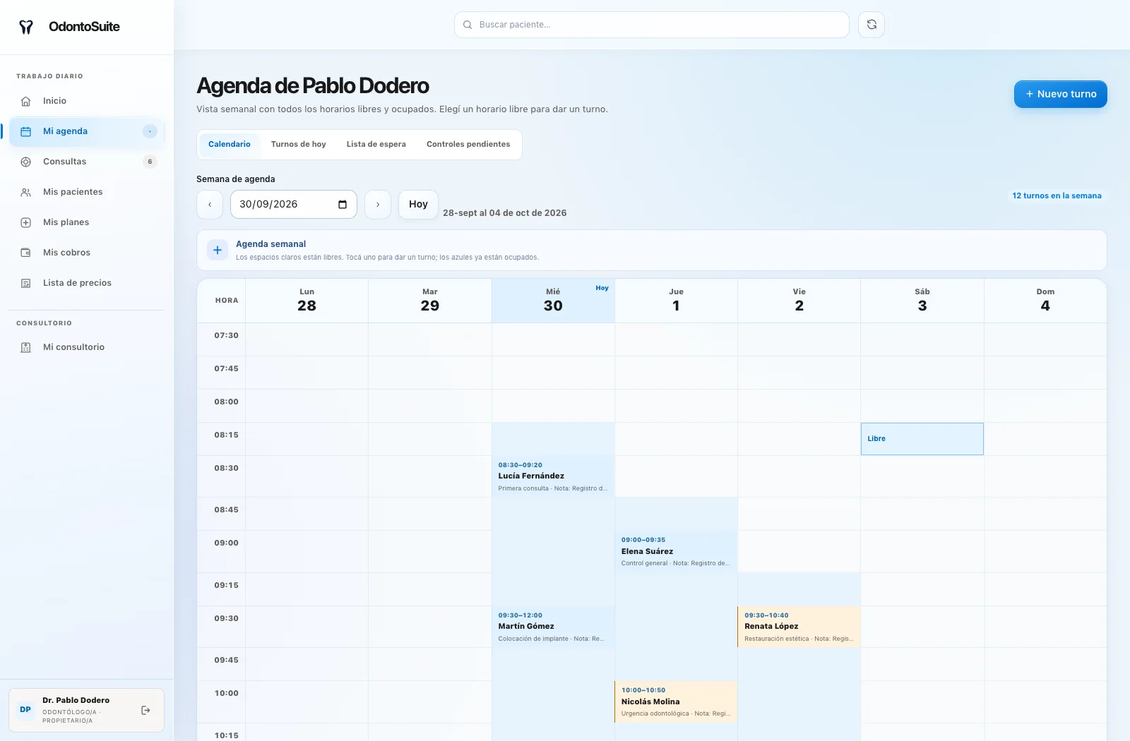 Agenda de OdontoSuite con turnos, recursos, estados y horarios