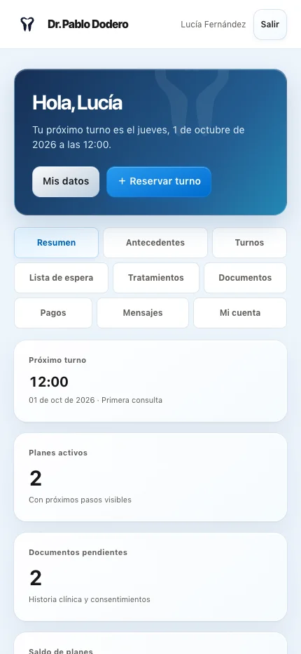 Portal móvil del paciente de OdontoSuite con próximos pasos y tratamientos
