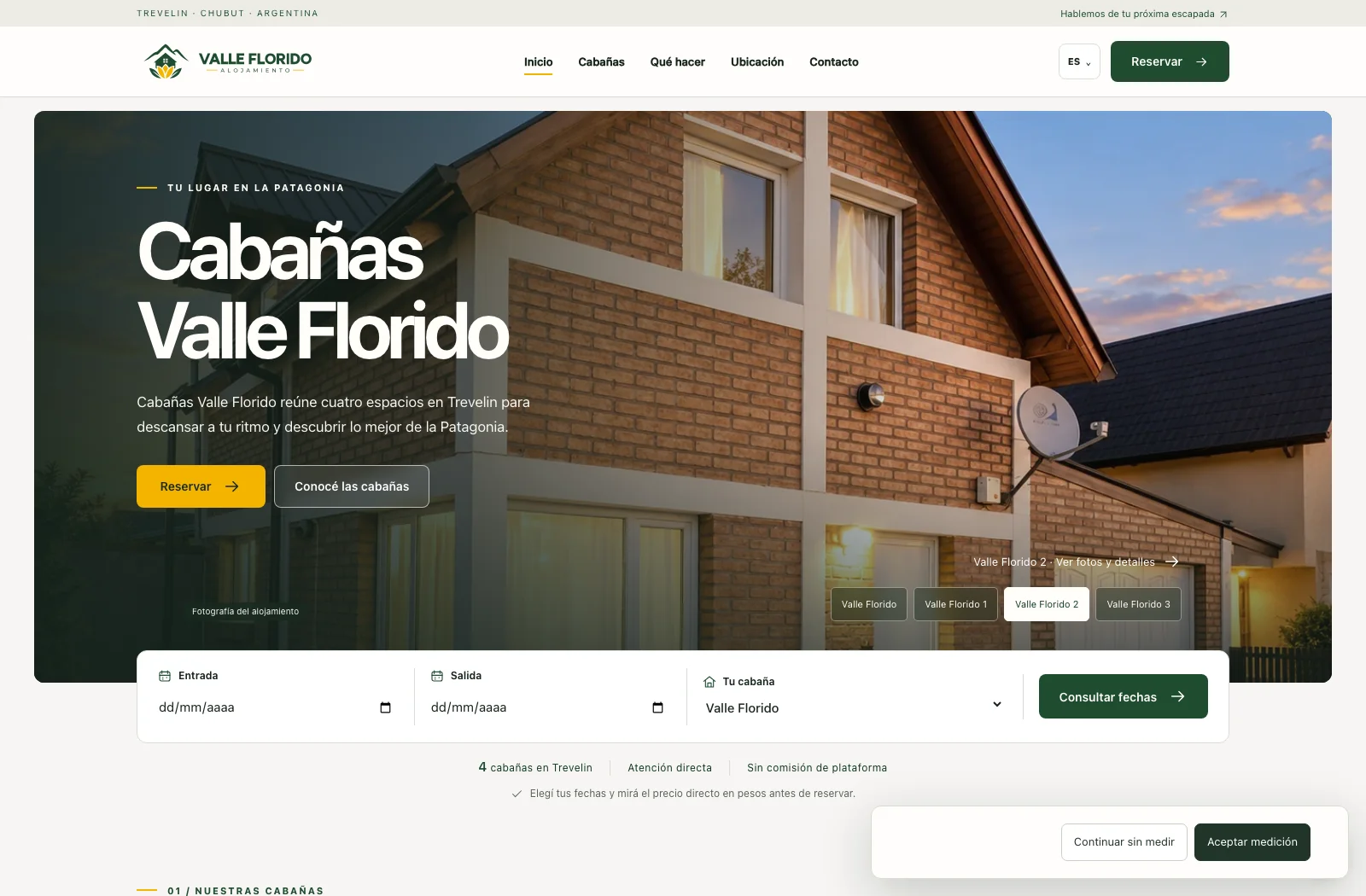 Inicio de Valle Florido con selector de fechas y cuatro cabañas en Trevelin