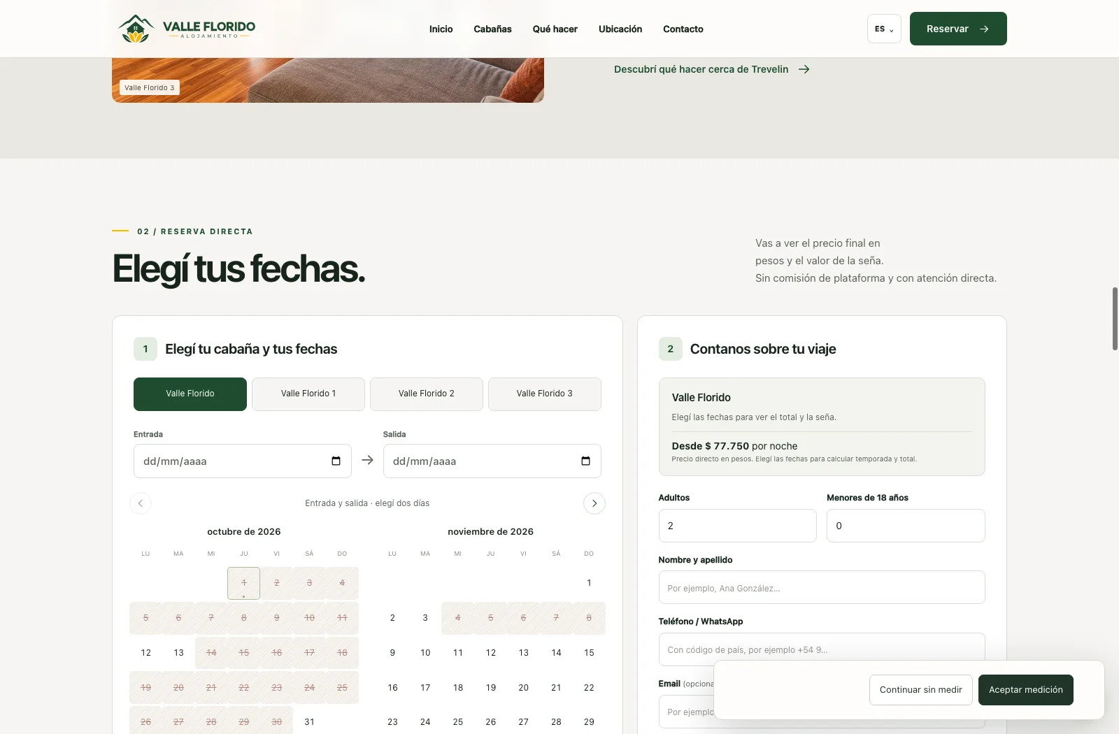 Flujo de reserva directa de Valle Florido con calendario, datos de contacto y solicitud