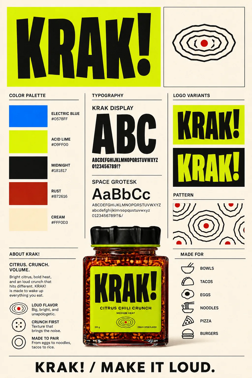 Sistema de identidad de KRAK! con paleta eléctrica, tipografía y patrones