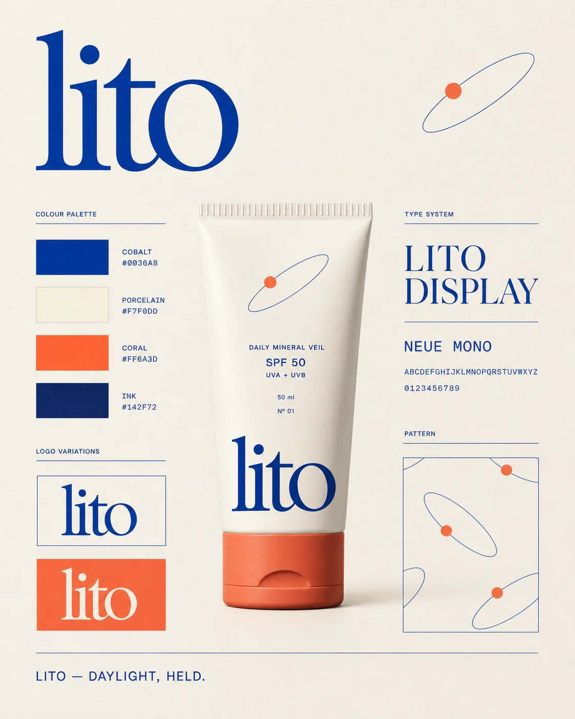 Sistema visual de LITO con paleta, tipografía, logotipo y recurso orbital